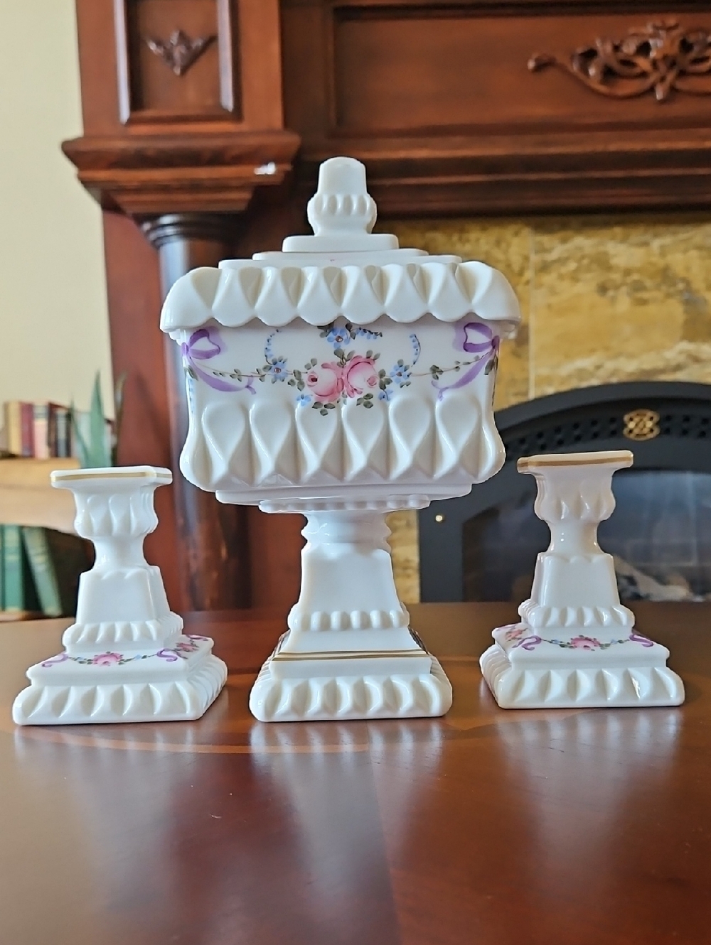 Westmoreland Milk Glass Handpainted Roses & Bows Wedding Box/Candle Holders Set